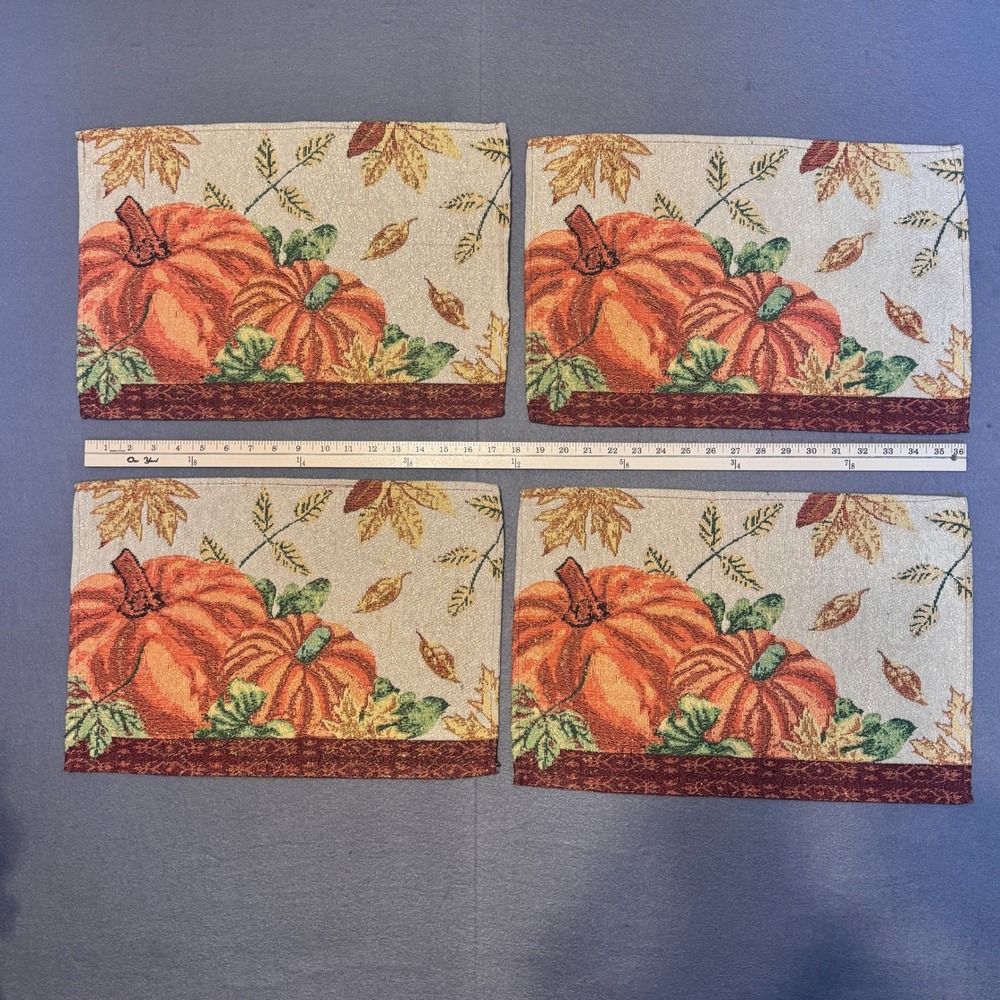 4 Fabric Fall Harvest Placemats Gold Metallic Shimmer Pumpkins Thanksgiving READ